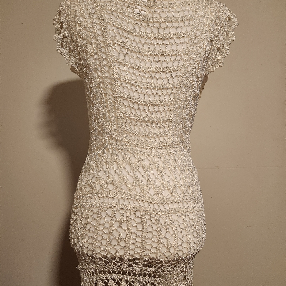 Vintage White House Black Market Medium M White Crochet Knit Tunic Top Coverup - Picture 5 of 12